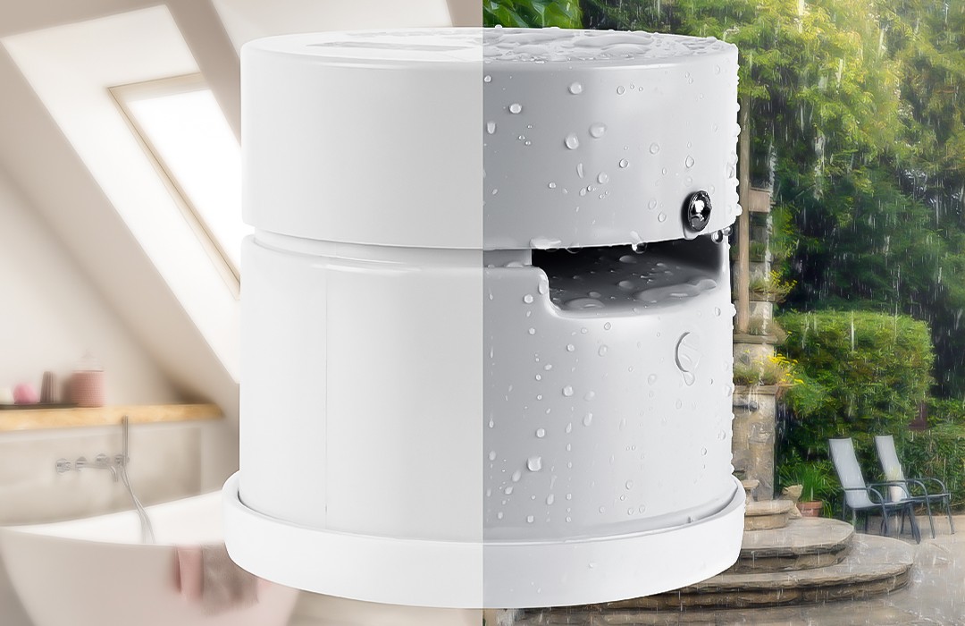 A split-screen image of a Polypipe white Air Admittance Valve (AAV), also known as a Durgo valve. The left side shows the valve in a clean, internal bathroom setting, while the right side shows a weather-resistant version with water droplets in an external rainy environment.