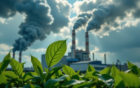 Industrial landscape with smoke stacks and green foliage in the foreground..jpg